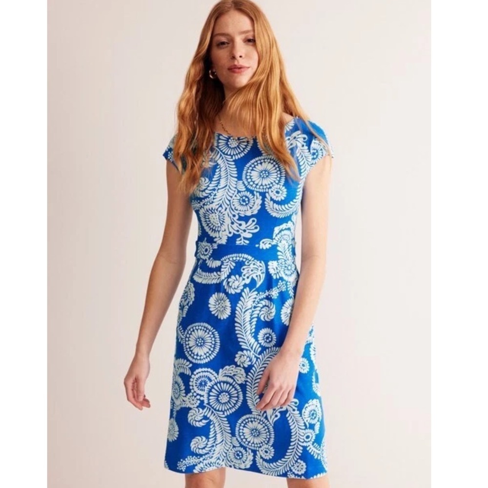 Boden Florrie Jersey Dress Indigo Bunting Abstract Floral Side Pockets 10P